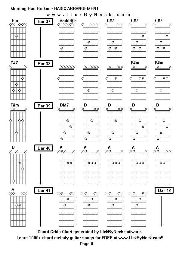 Chord Grids Chart of chord melody fingerstyle guitar song-Morning Has Broken - BASIC ARRANGEMENT,generated by LickByNeck software.